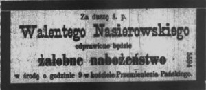 Nekrolog Walentego Nasierowskiego. Źródło: Dziennik Poznański, r. 30, nr 251, Środa 31.10.1888 roku