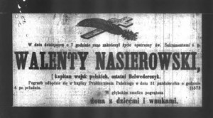 Nekrolog Walentego Nasierowskiego. Źródło: Dziennik Poznański, r. 30, nr 250, Środa 28.10.1888 roku